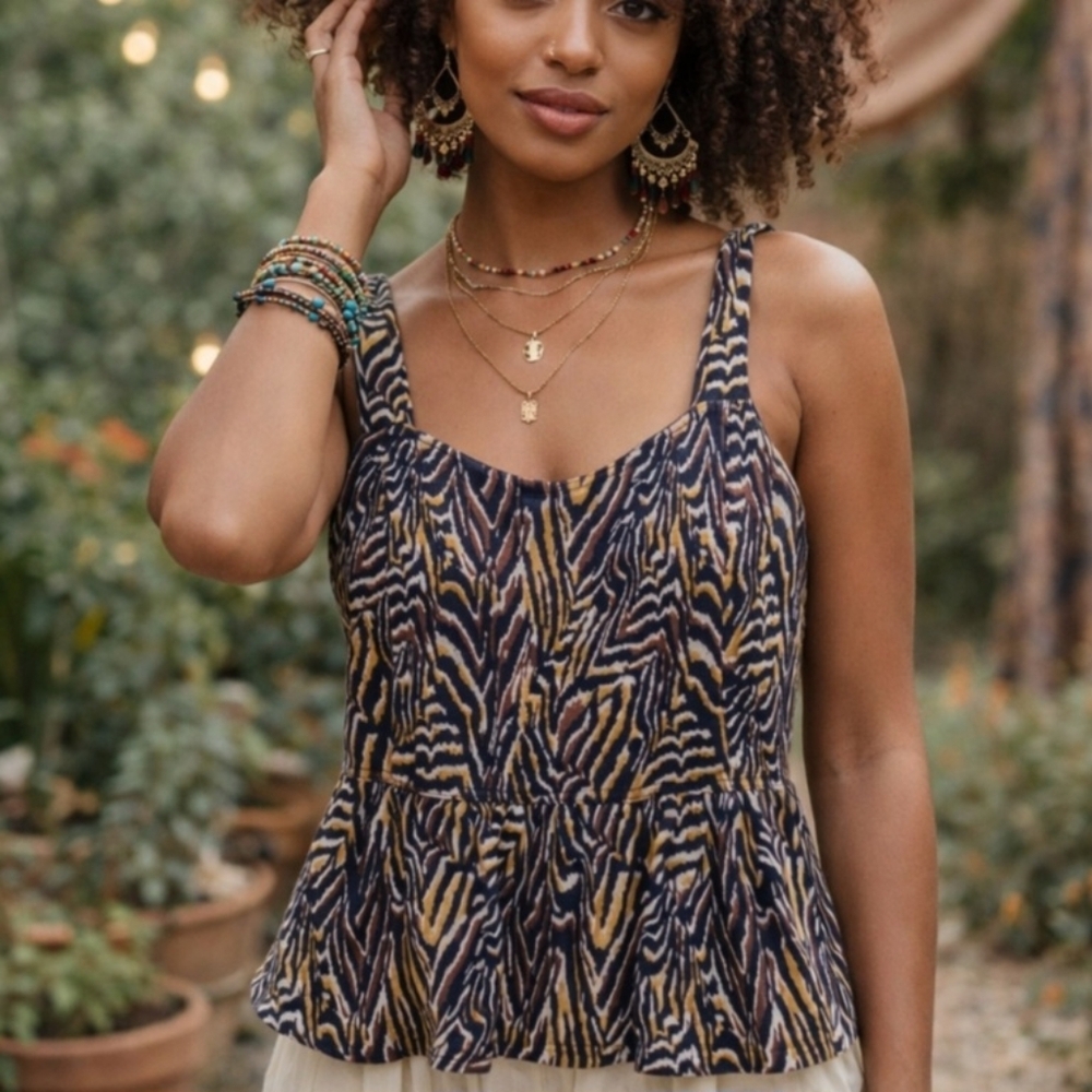 Anthropologie Navy, Mustard & Cream Patterned Tank Top small like new
